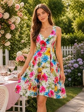 LAUREN RALPH LAUREN Dress Womens Size 8 Multicolor Floral Fit Flare Euro Summer